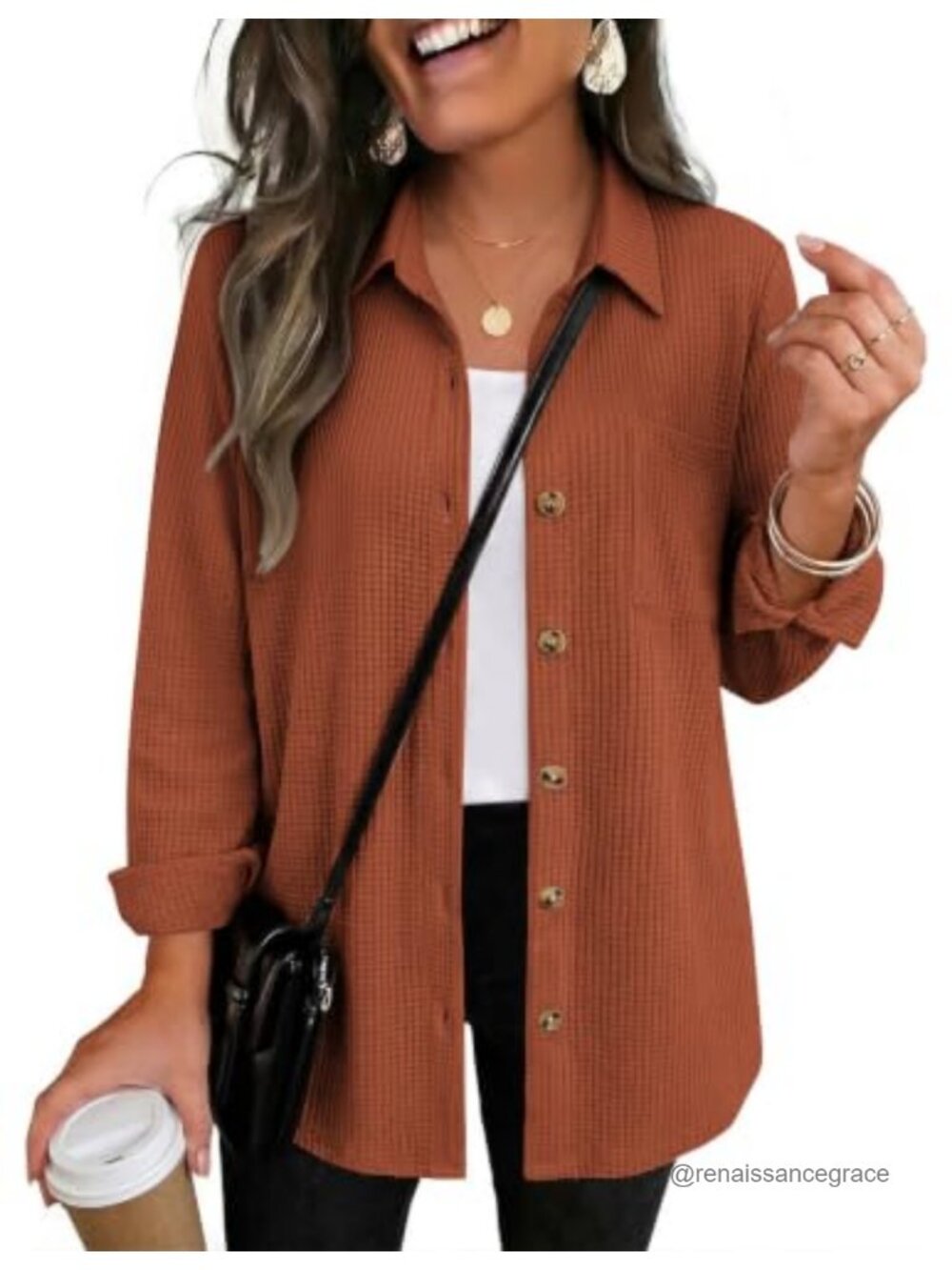 Womens Waffle Knit Shacket Button Down Long Sleeve Top with Pocket